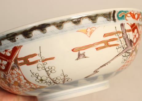 明治前期色絵牡丹と桜に鶴図7寸鉢