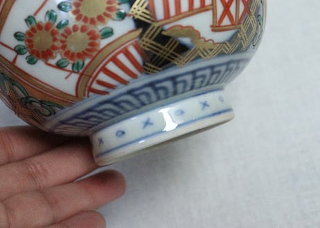 明治前期色絵扇面に菊図通り物飯茶碗
