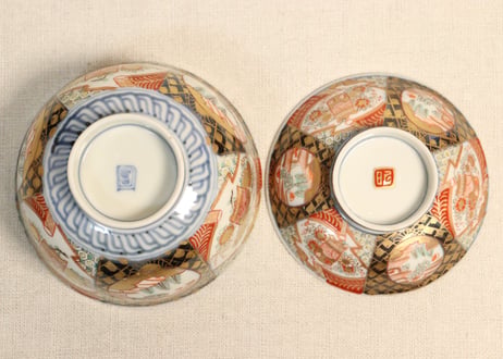 明治前期色絵桃に山水と鳥籠図通り物飯茶碗