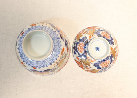 明治前期色絵芦に鳥と牡丹図通り物飯茶碗