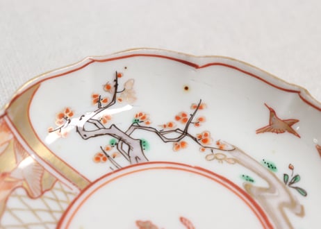 明治前期色絵網手に鶴と梅に鶯図通り物小皿①