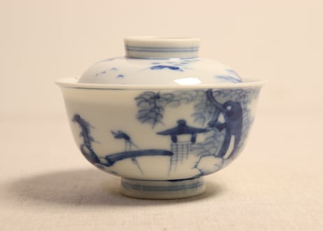大正～昭和戦前染付山水図蓋茶碗