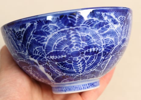 明治前期紙刷六方に花図飯茶碗