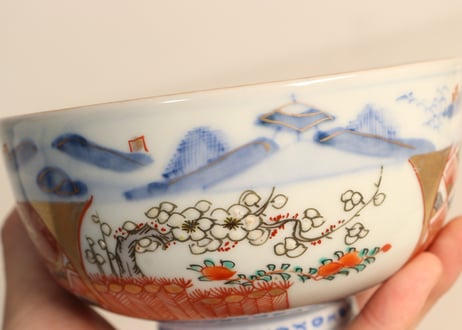 明治前期色絵柴垣に梅と龍図通り物蒸茶碗