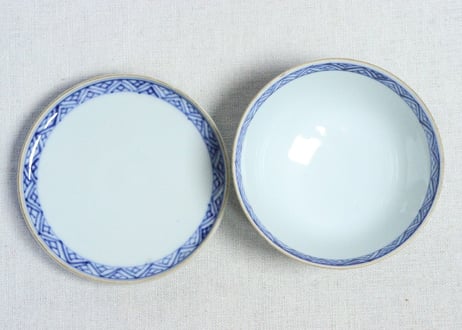 明治前期九谷焼金彩染付山水図通り物蒸茶碗