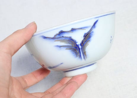 明治前期九谷焼金彩染付山水図通り物蒸茶碗
