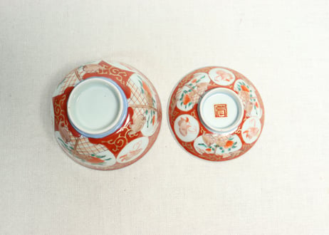 明治前期色絵瓢箪に蝶と花鳥図飯茶碗①