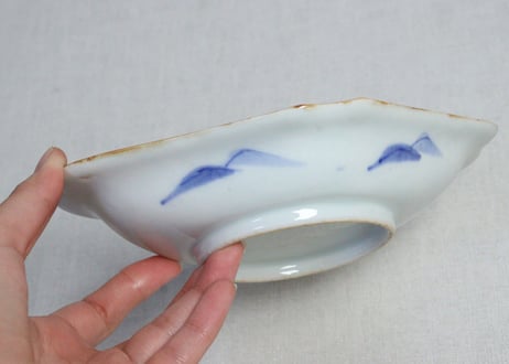 明治前期金彩染付鳥居と杉図菱型皿