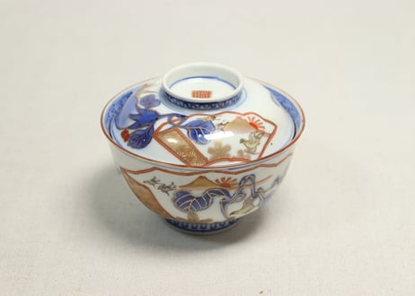 明治前期色絵富士に鷹と茄子図蓋茶碗①