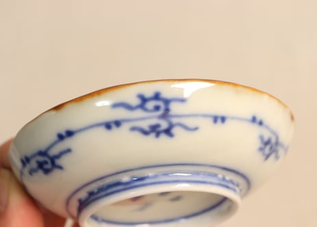 明治前期染付三方に山水窓絵と萩唐草図イゲ縁通り物豆皿