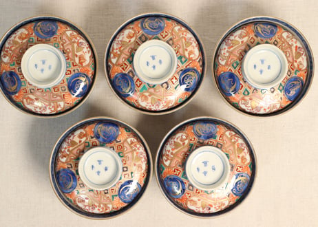 明治前期色絵梅と人物と青玉図蒸茶碗 5客組
