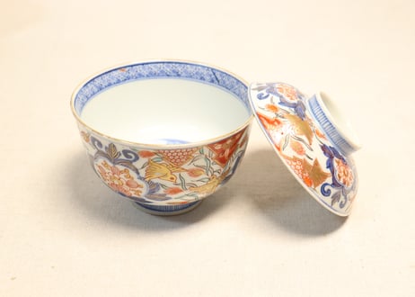 明治前期色絵芦に鳥と牡丹図通り物飯茶碗
