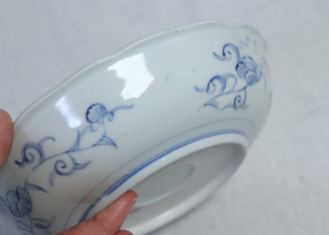 江戸幕末染付線描き四方に花図なます皿　ノミホツ　５客組