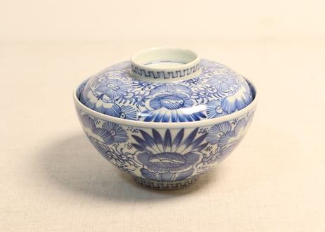 江戸幕末染付線描き三方に花図蓋茶碗 5客組