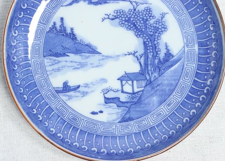 明治後期～大正銅判山水と幾何学文6寸皿