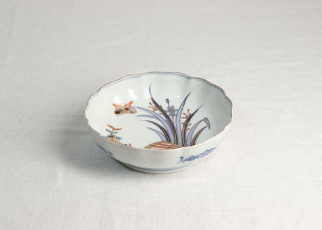 明治前期色絵春蘭に扇と菊図なます皿 ②ノミホツ