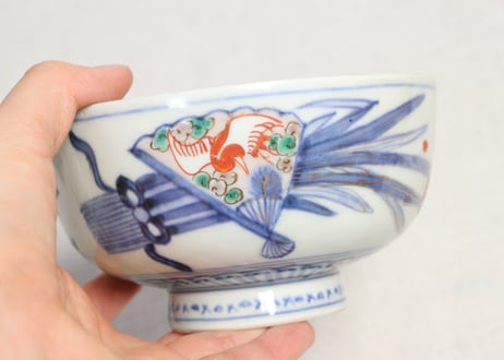 明治前期色絵牡丹と扇に春蘭図蒸茶碗①