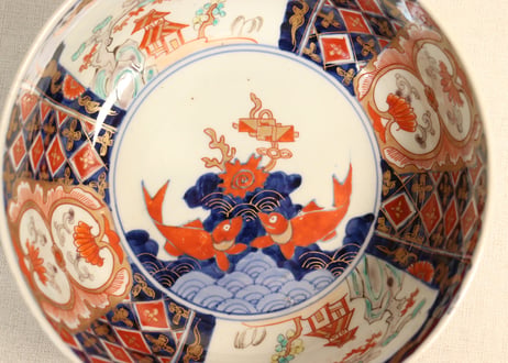 明治前期色絵魚と山水図6寸鉢