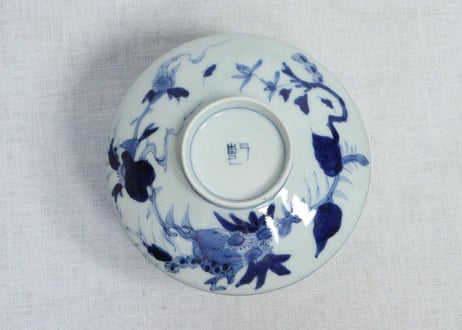江戸後期染付柘榴と菊図蒸茶碗　フリモノ