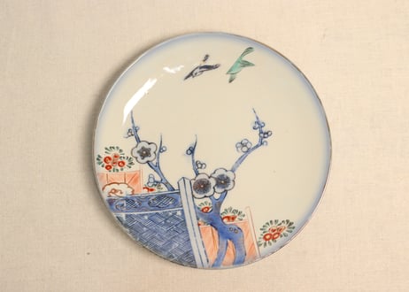 明治後期～大正色絵銅判梅に鶯図8寸皿