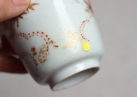 江戸中期色絵松竹梅に雪輪図輪花向付 少甘手,小ニュウ