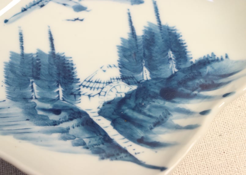 大正~昭和戦前ゴム判山水図菱型皿 少かたつき | 吉祥寺PukuPuku