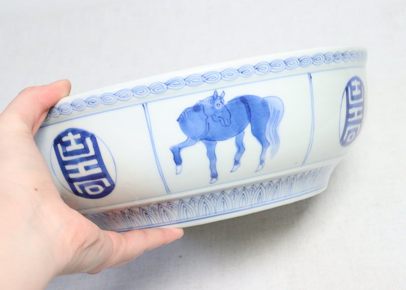 江戸幕末染付人物と龍に花鳥と馬図8寸鉢 2客組,共箱付き | 吉祥寺PukuPuku