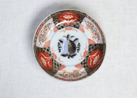 明治前期色絵桃と三方に菊図6寸鉢 五客組 1ヶニュウ