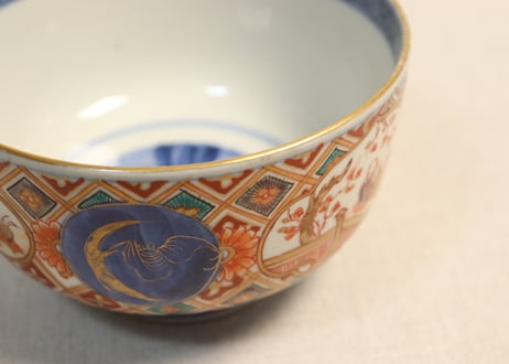 明治前期色絵梅と人物と青玉図蒸茶碗 5客組