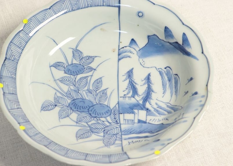 中型　花器　花入　陶磁器　山水図 丸紋山水絵四方寄長角皿 - 三川内焼「平戸洸祥団右ヱ門窯