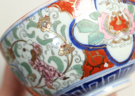 明治後期～大正色絵プリント花と唐子図蒸茶碗