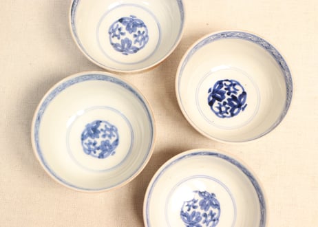 明治前期色絵梅と鶯に鳥籠図通り物飯茶碗