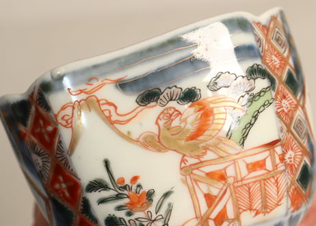 明治前期色絵富士と鷹に兜図角向付 ５客組