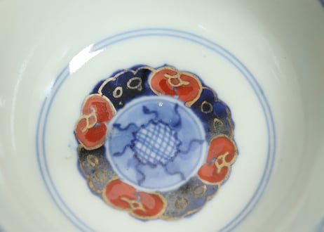 江戸幕末色絵牡丹と青玉図通り物飯茶碗