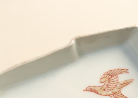 明治後期～大正色絵紅葉と鳥図縁立菱形皿①鳥に金彩あり,釉剥げ