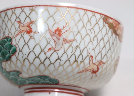 明治前期色絵網手に鶴と梅に鶯図通り物蒸茶碗①