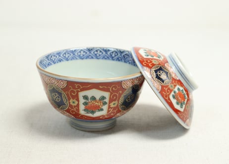 江戸幕末色絵牡丹と青玉図通り物飯茶碗