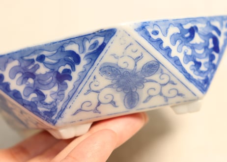 明治後期~大正銅判花図面取り五角小鉢