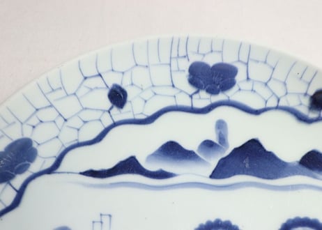 江戸幕末染付氷裂文に山水図大皿