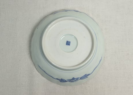 江戸幕末色絵牡丹と青玉図通り物大なます皿　染料飛び,窯傷