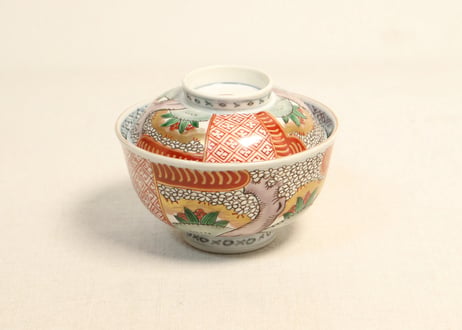 明治前期色絵桜に万年青図通り物飯茶碗①濃いめ