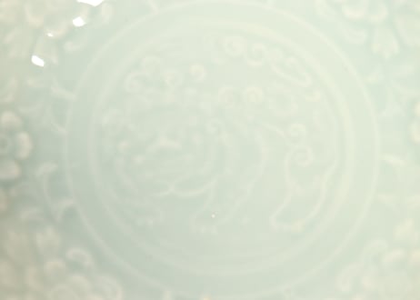 大正～昭和戦前青磁陽刻獅子牡丹図5寸皿