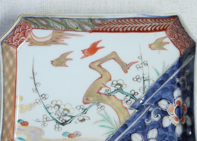 角皿 金彩 色絵付け 歪みあり 松竹梅 人物 船 小鳥 紅葉 5脚 江戸時代 角皿 金彩 色絵付け 歪みあり 松竹梅 人物 船 小鳥 紅葉 5脚