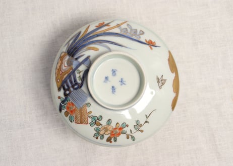 明治前期色絵春蘭と椿図通り物蒸茶碗