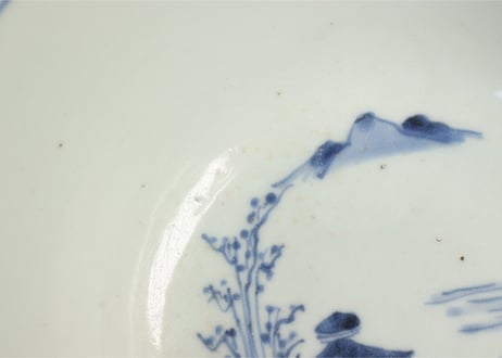 江戸後期染付山水と草花図7寸鉢