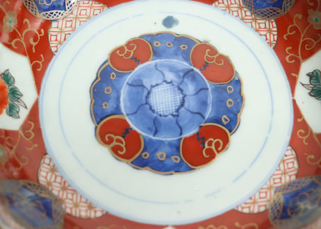 江戸幕末色絵牡丹と青玉図通り物大なます皿　染料飛び,窯傷