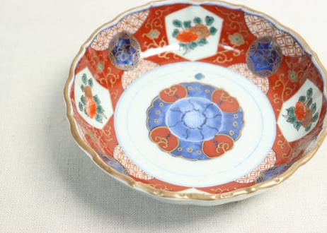 江戸幕末色絵牡丹と青玉図通り物大なます皿　染料飛び,窯傷
