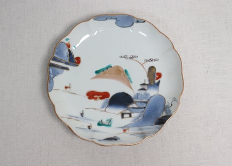江戸後期色絵山水図7寸皿③裏柄有り