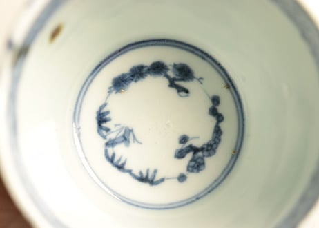 江戸後期染付三方水仙と竹図猪口 小ホツ,カマキズ