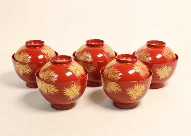 大正～昭和戦前皆朱沈金しのぶ図吸い物椀 5客組,共箱付 | 吉祥寺